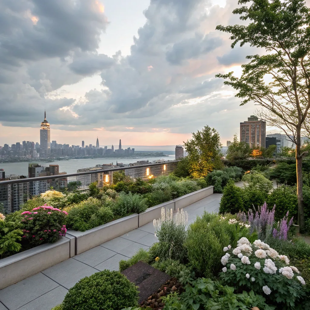 A beautiful rooftop garden overlooking a city skyline